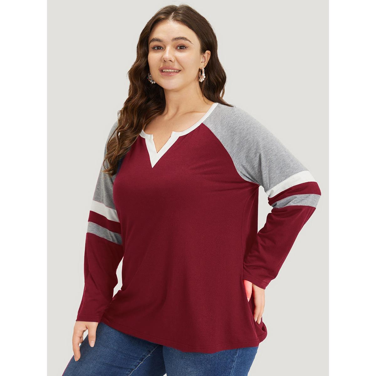 Plus Size Colorblock Contrast Notched Patchwork Raglan Sleeve T-shirt Scarlet Women Casual Contrast Striped Notched collar Dailywear T-shirts BloomChic 22-24/3X Product Image