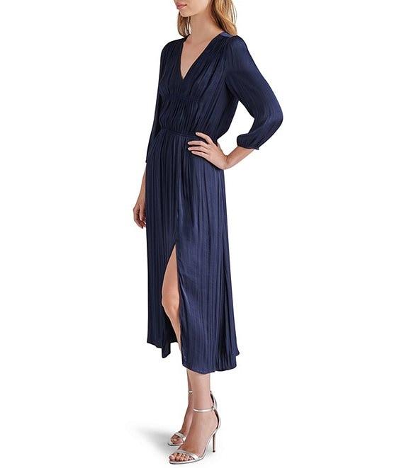 Steve Madden Arlene Washed Satin V Neck Quarter Sleeve Midi Dress Product Image