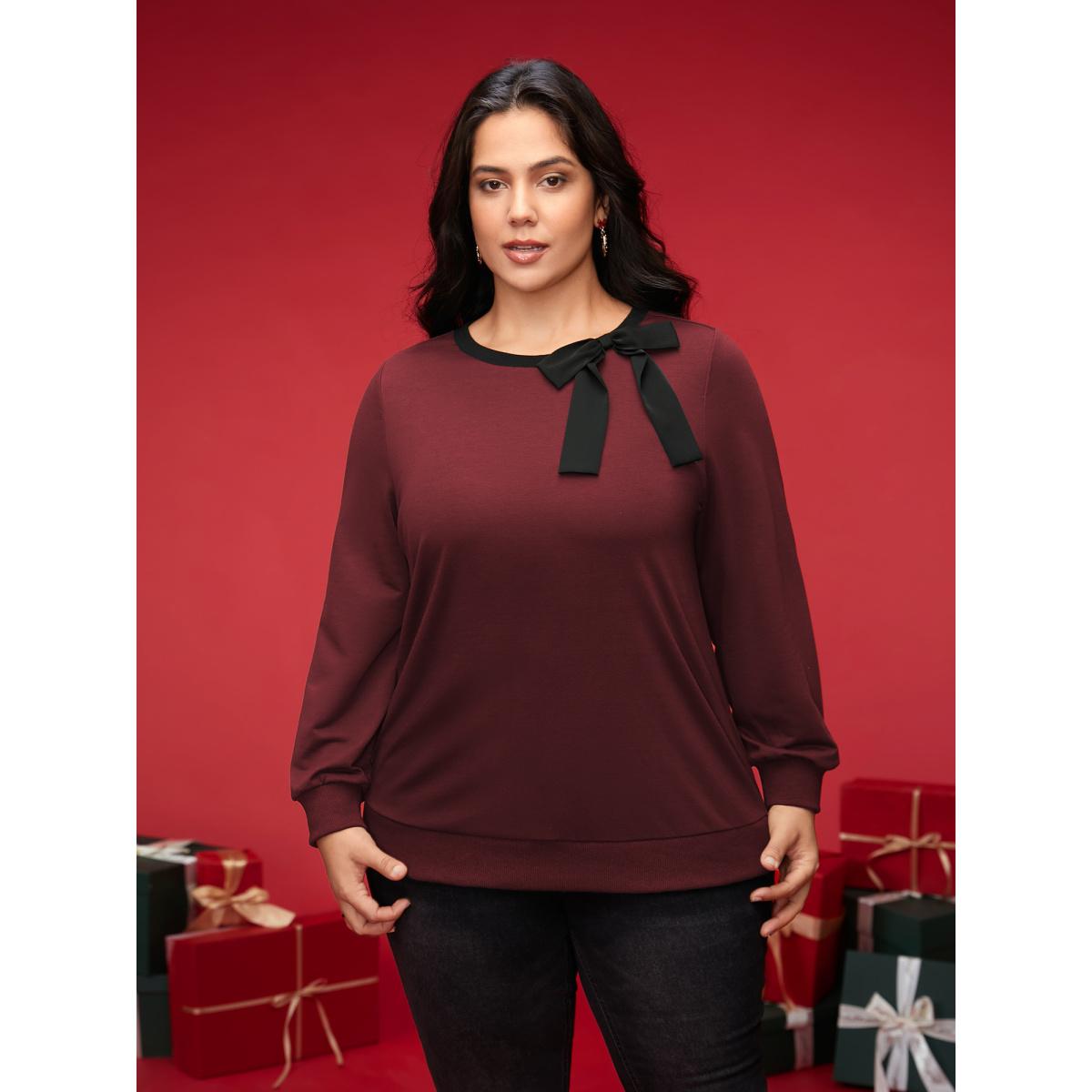 Plus Size Bow-tie Detailing High Neck Sweatshirt Women Burgundy Leisure Contrast Round Neck Casual Sweatshirts BloomChic 28/5X Product Image