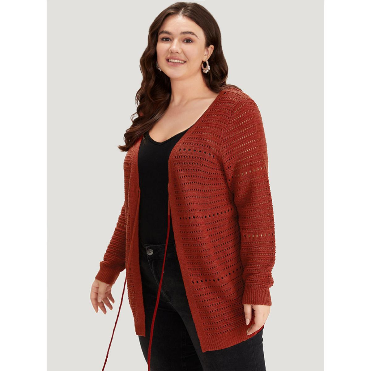 Plus Size Plain Ties Front Geometric Eyelet Cardigan Rust Women Casual Loose Long Sleeve Dailywear Cardigans BloomChic 28/5X Product Image