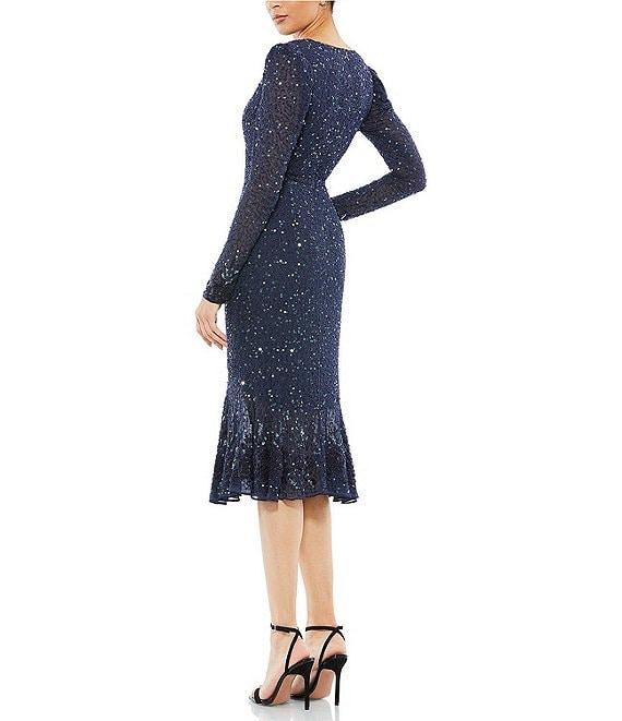 Mac Duggal Sequin Embellished Flounce Hem Surplice V-Neck Long Sleeve Midi Dress Product Image