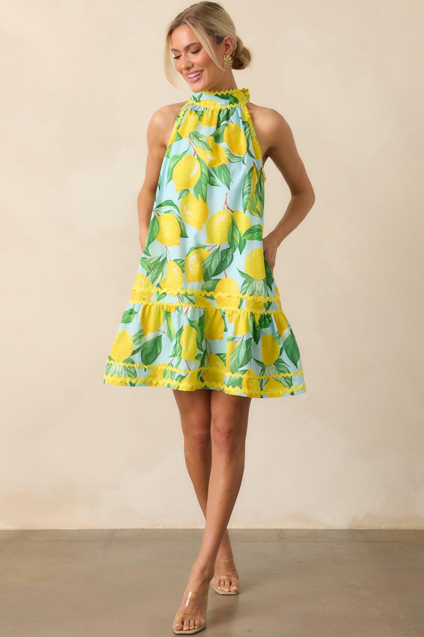 Prosperina Simone Blue Lemon Print Cotton Halter Mini Dress Product Image