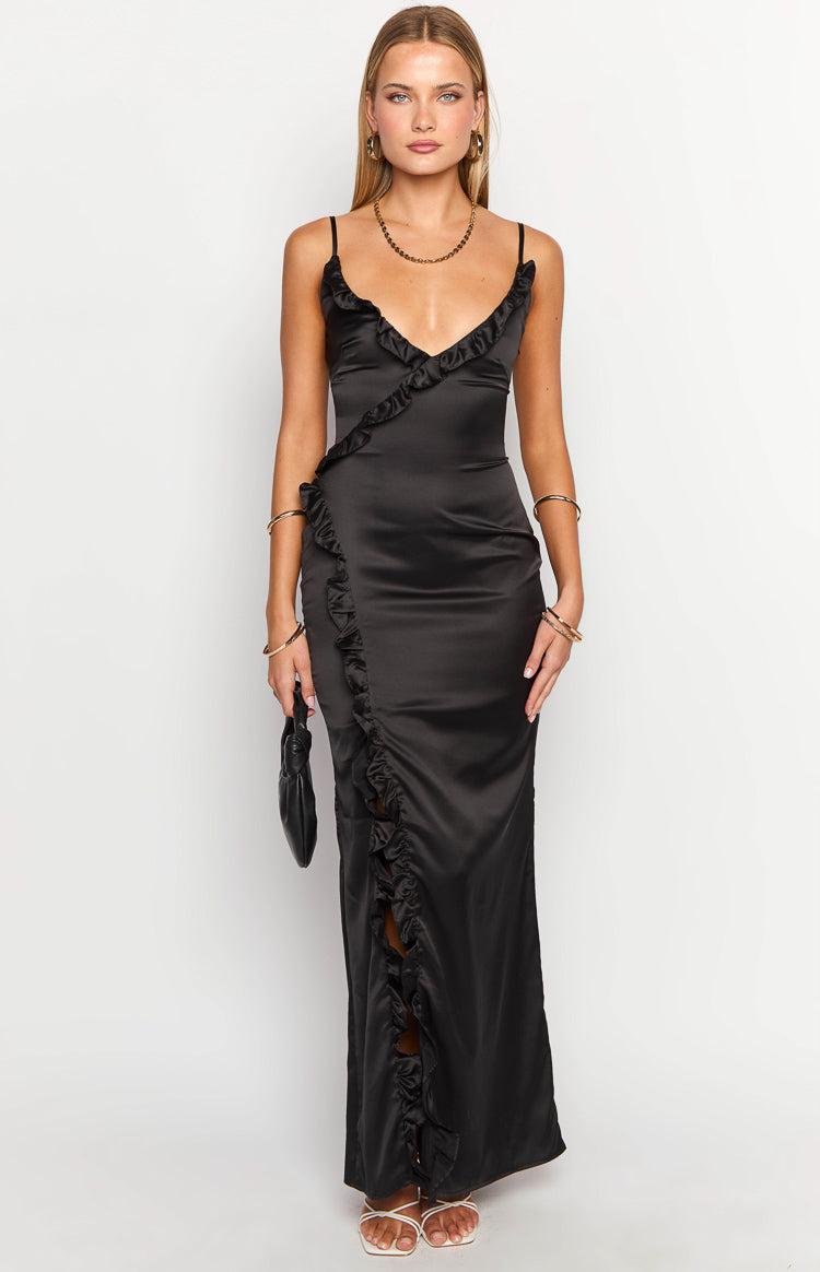 Nahanee Black Satin Ruffle Maxi Dress Product Image