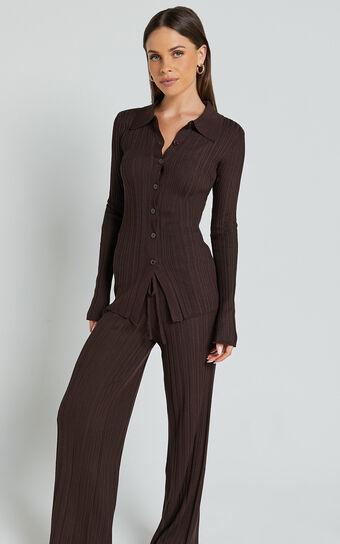 Kelsey Top - Button Through Long Sleeve Knitted Top in Chocolate Product Image
