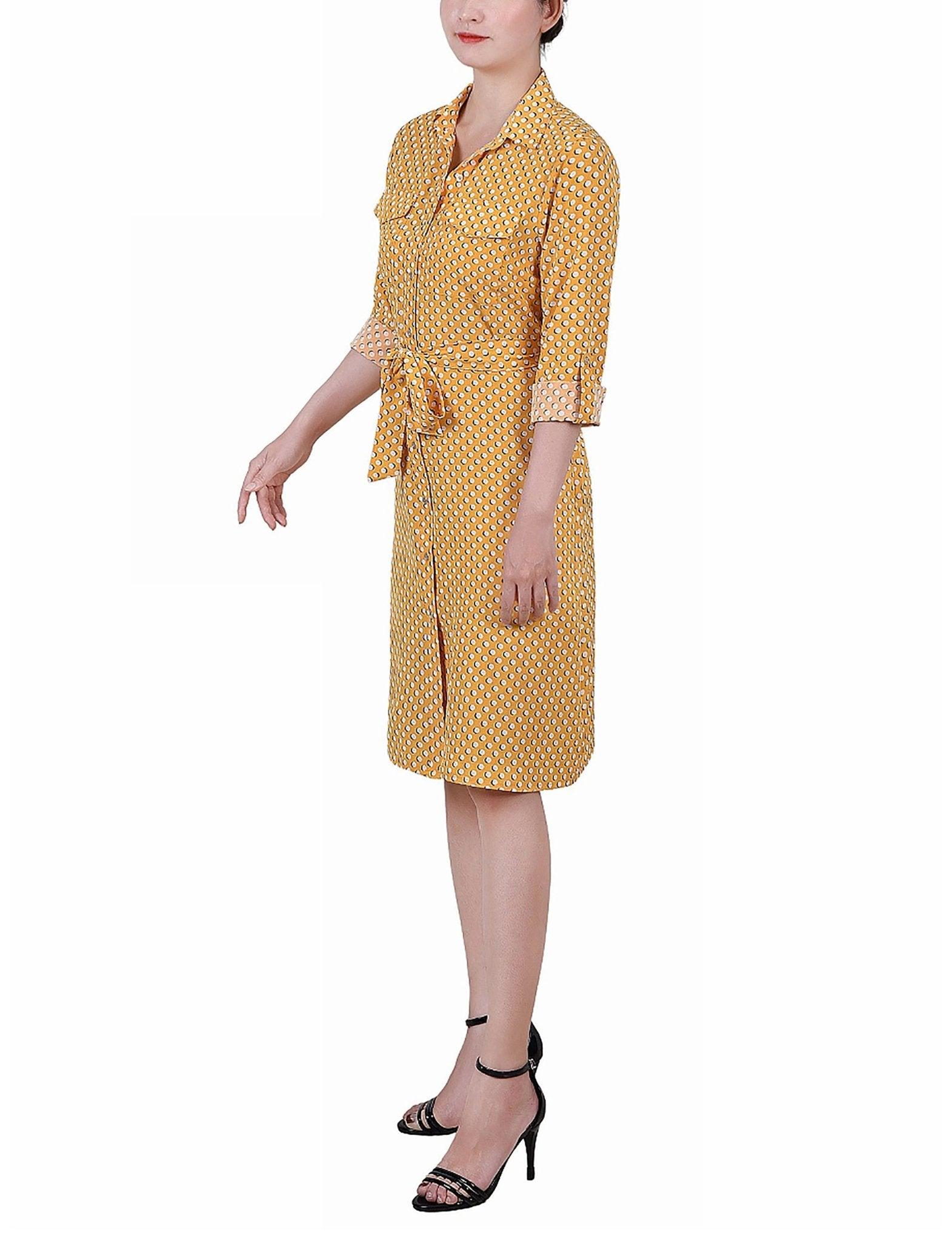 Cypress Inca Gold Navy Zigzag 3/4 Roll Tab Sleeve Belted Shirtdress - Petite Product Image