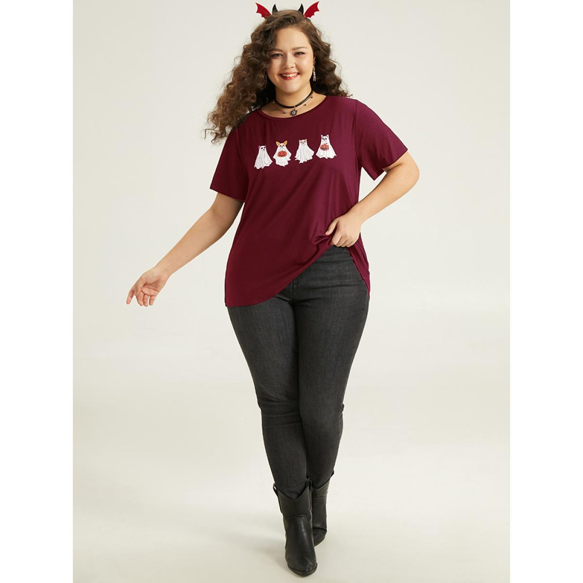 Plus Size Supersoft Essentials Halloween Print Crew Neck T-shirt Green Women Casual Printed Halloween Festival-Halloween T-shirts BloomChic 26/4X Product Image