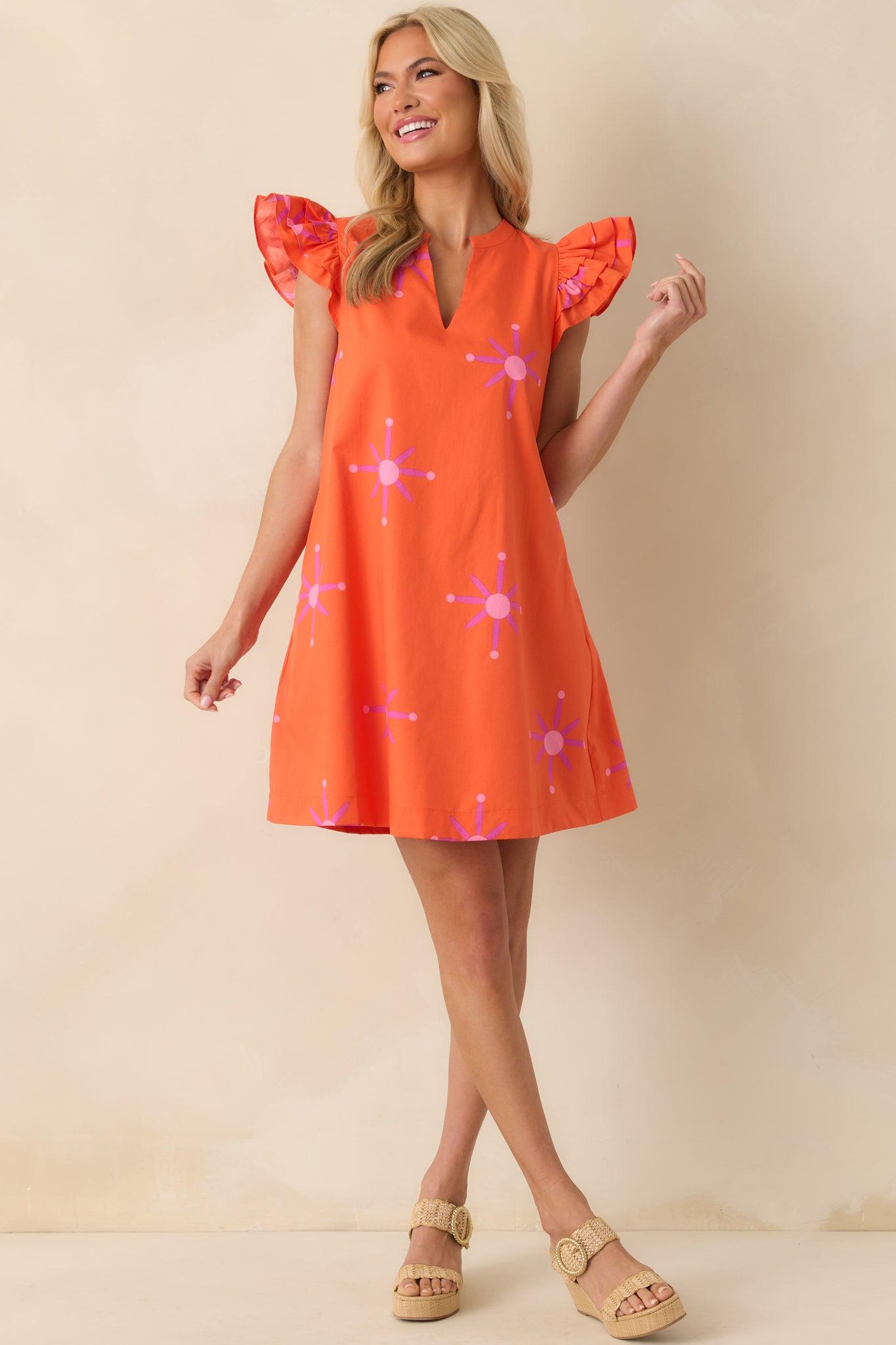 A Gentle Life Orange Floral Cotton Flutter Sleeve Mini Dress Product Image