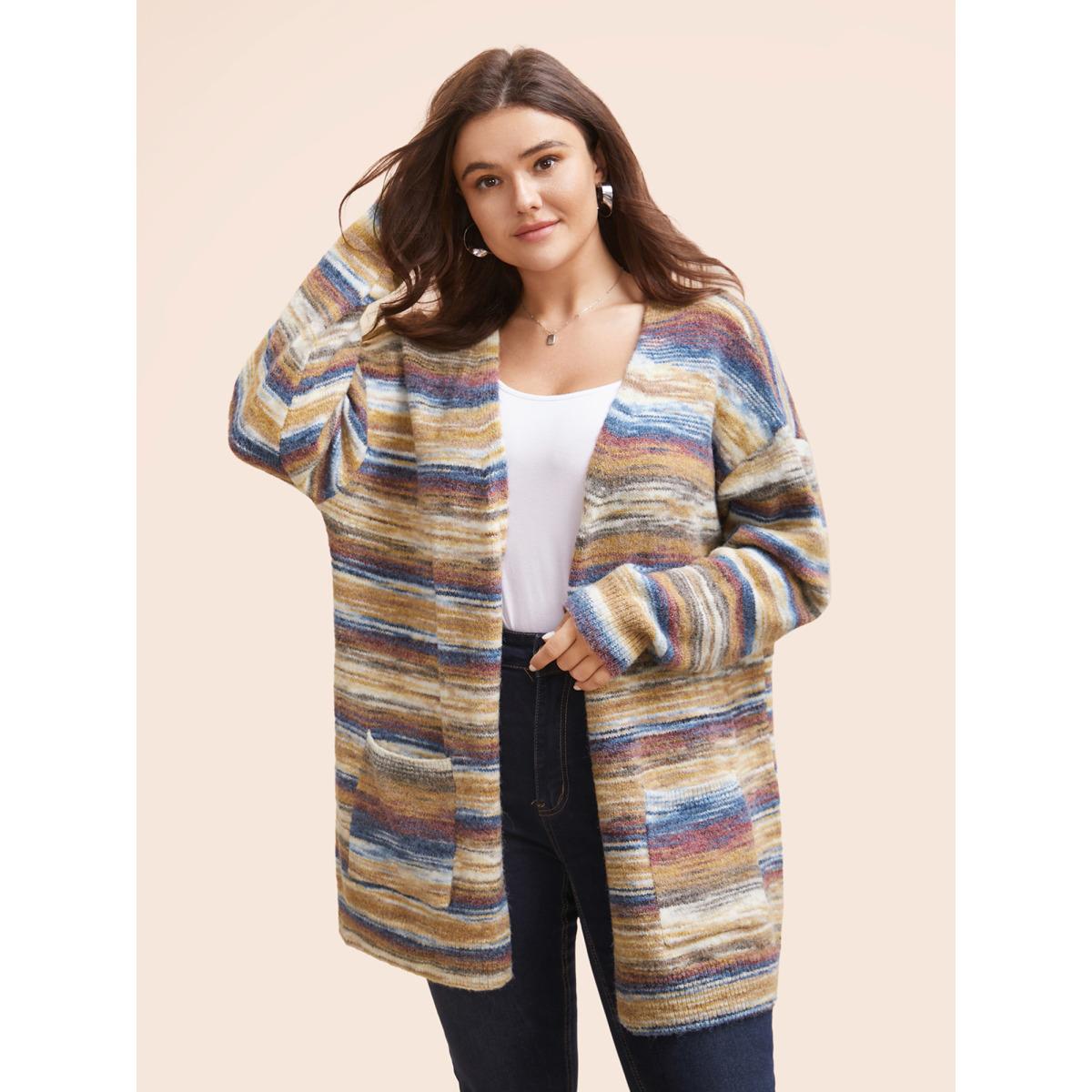 Plus Size Heather Contrast Open Front Pocket Cardigan Multicolor Women Casual Loose Long Sleeve Everyday Cardigans BloomChic 26/4X Product Image