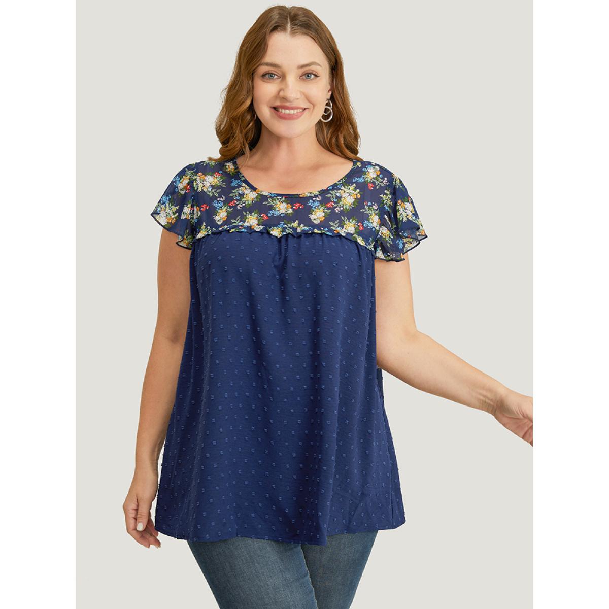 Plus Size Indigo Ditsy Floral Patchwork Ruffle Cap Sleeve Blouse Women Elegant Cap Sleeve Round Neck Dailywear Blouses BloomChic 28/5X Product Image