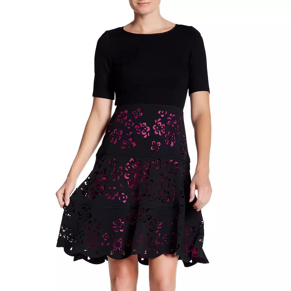 Women's Focus By Shani Ponte Fit and Flare Laser Cutting Dress,  Product Image