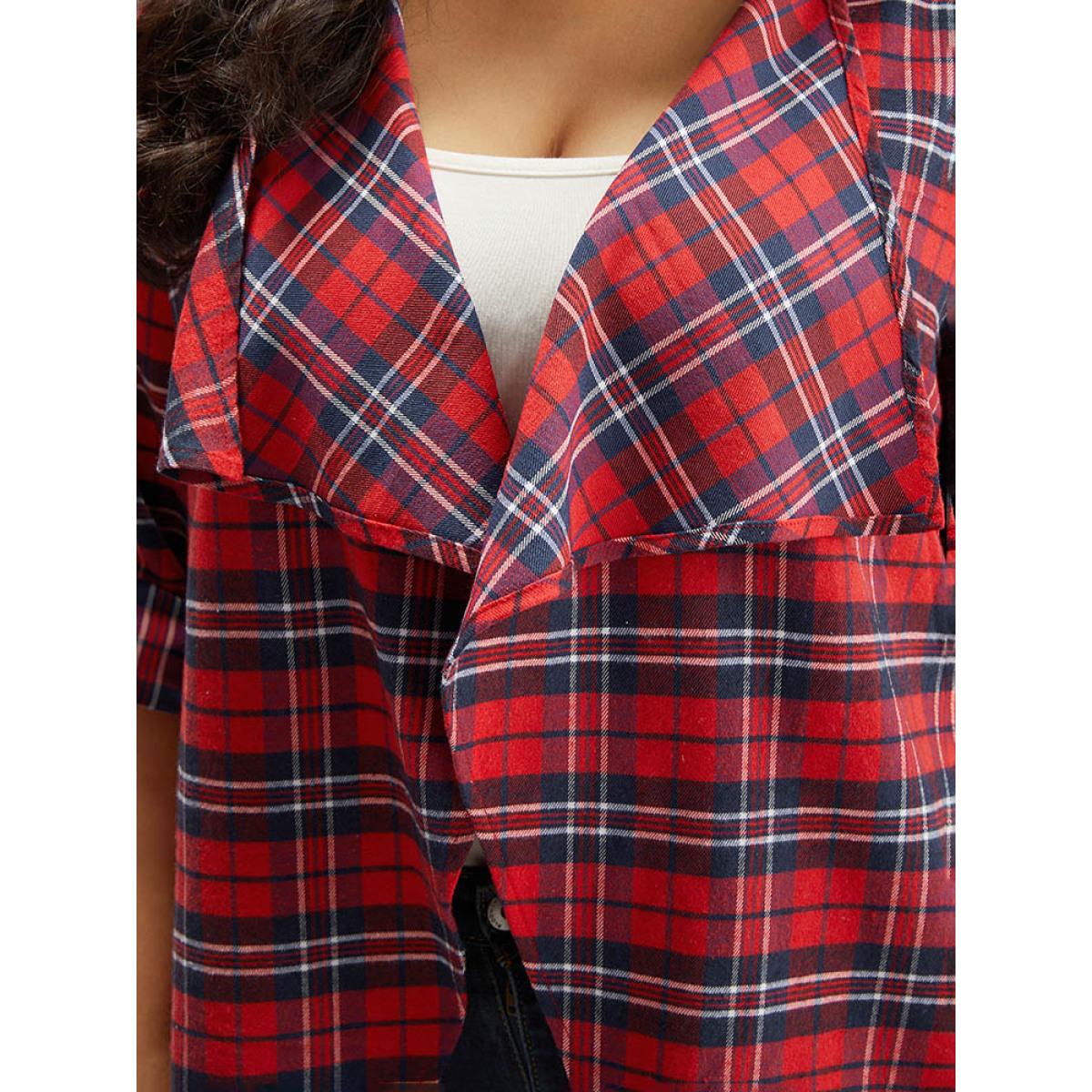 Plus Size Plaid Asymmetrical Hem Tab Sleeve Jacket Women Scarlet Button Dailywear Jackets BloomChic 28/5X Product Image