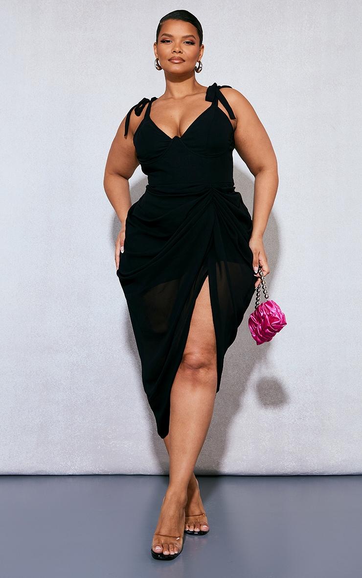 Plus Black Underwire Detail Draped Midi Dress Product Image