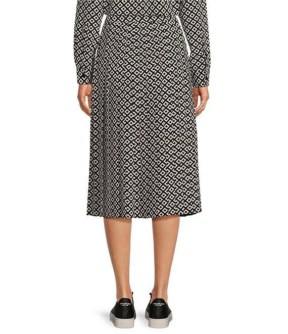 TILLEY Tech Silk Black Tile Print Pleated A-Line Midi Skirt Product Image
