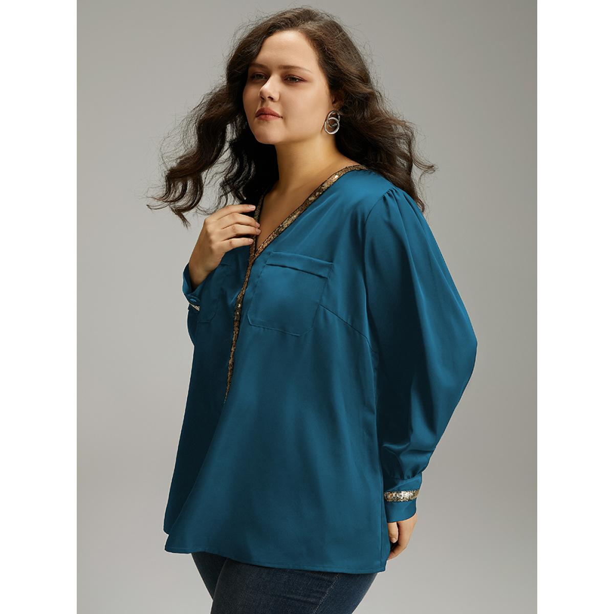 Plus Size Aegean Sequin Patchwork V Neck Blouse Women Glamour Long Sleeve V-neck Party Blouses BloomChic 18-20/2X Product Image