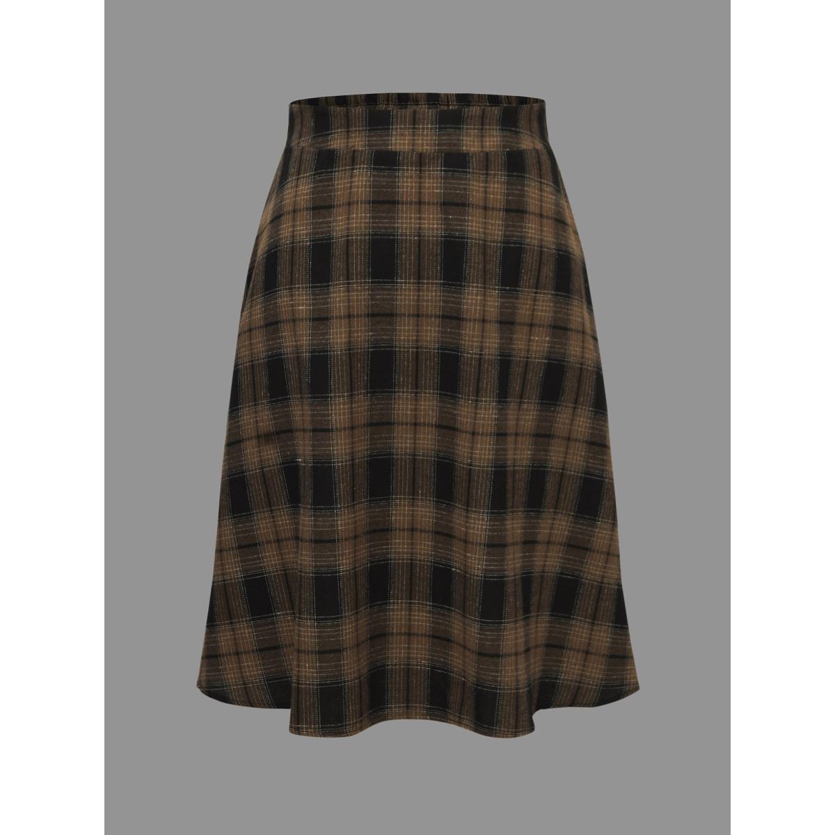 Plus Size Plaid Elastic Waist Slant Pocket Skirt Women Yellowishbrown Elegant No stretch Slanted pocket Everyday Skirts BloomChic 22-24/3X Product Image