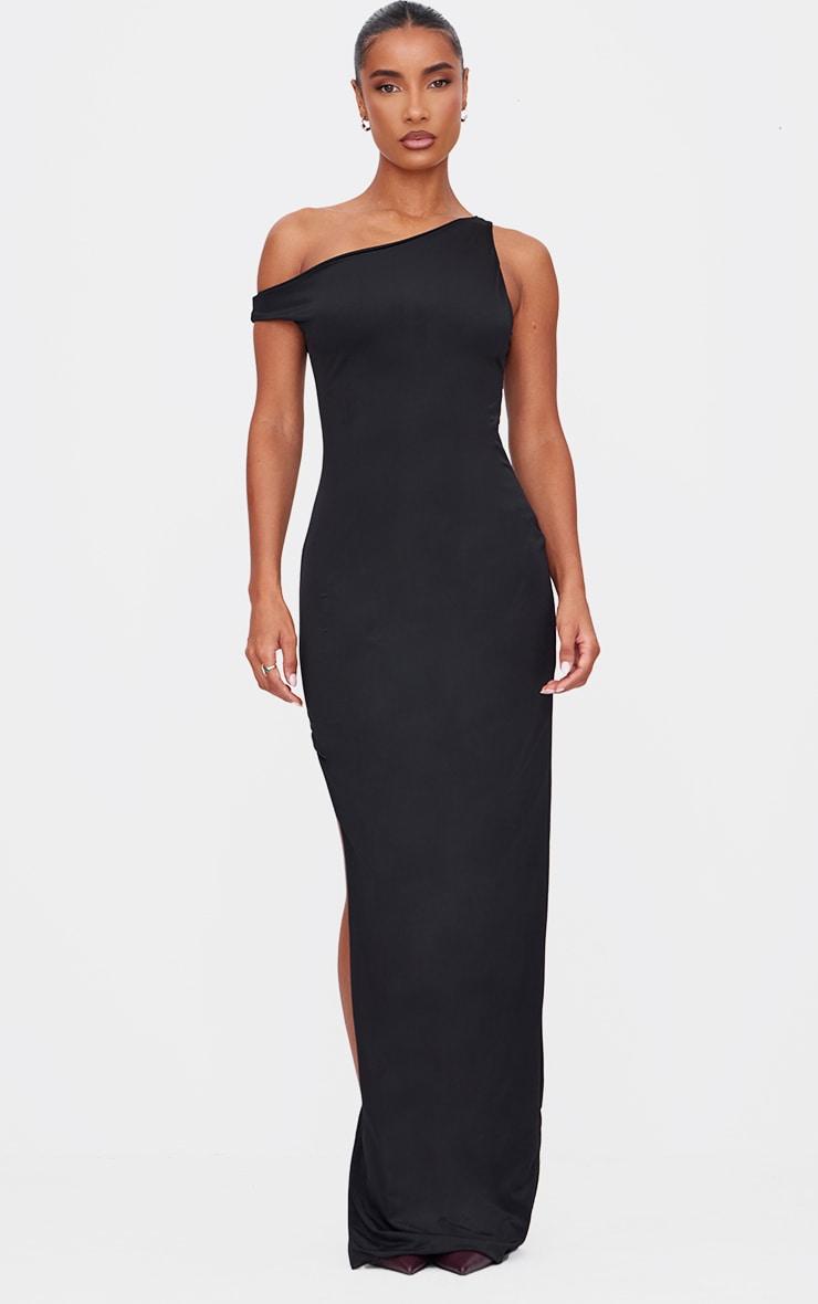 Black Matte Sculpt Asymmetric Neck Maxi Dress Product Image