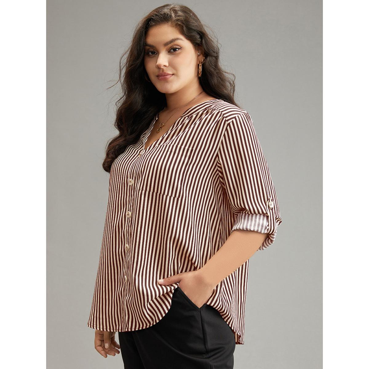 Plus Size Brown Striped Notched Button Through Blouse Women Office Long Sleeve Shirt collar Work Blouses BloomChic 18-20/2X Product Image