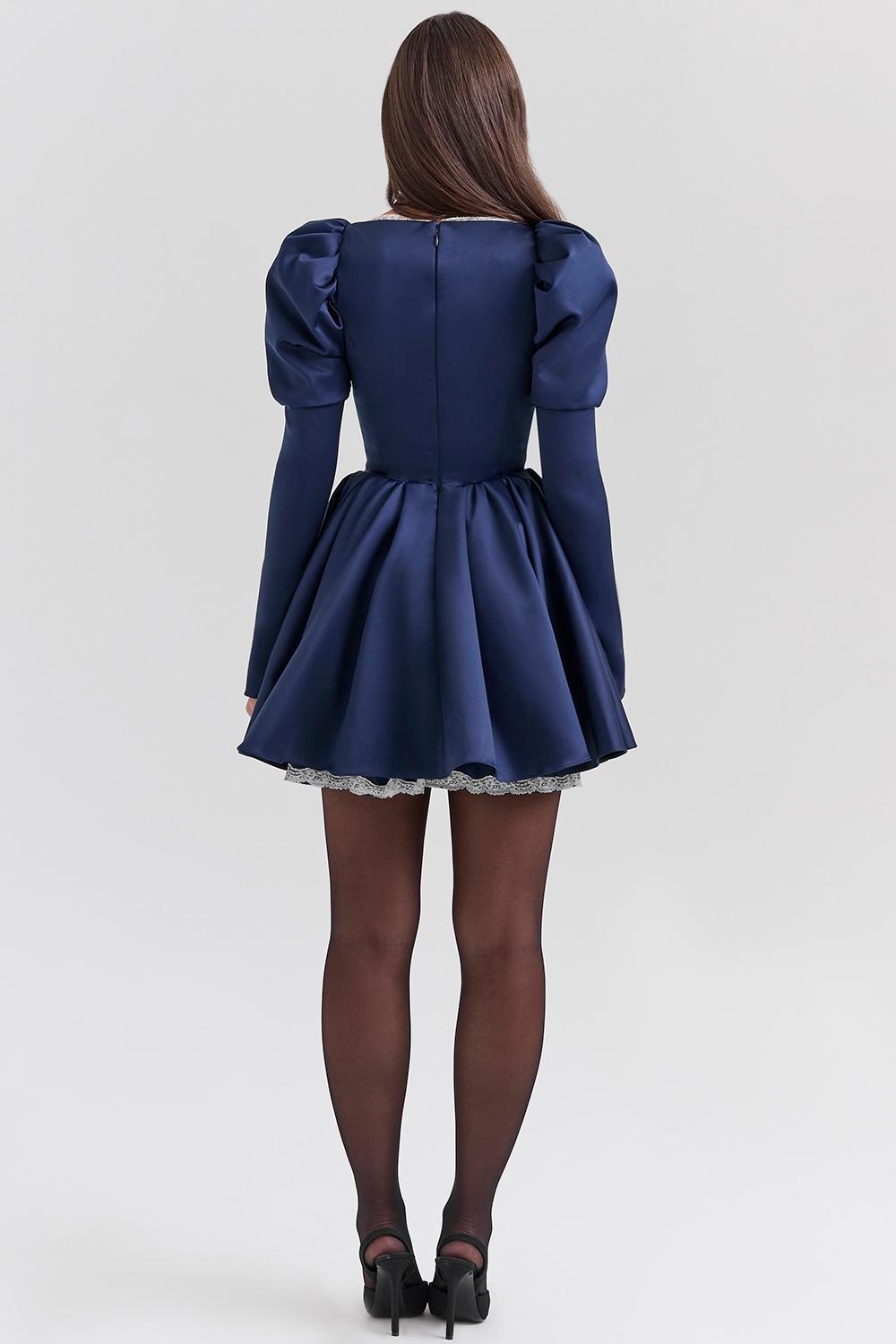 Venetia  midnight satin puff sleeve mini dress - sale Product Image