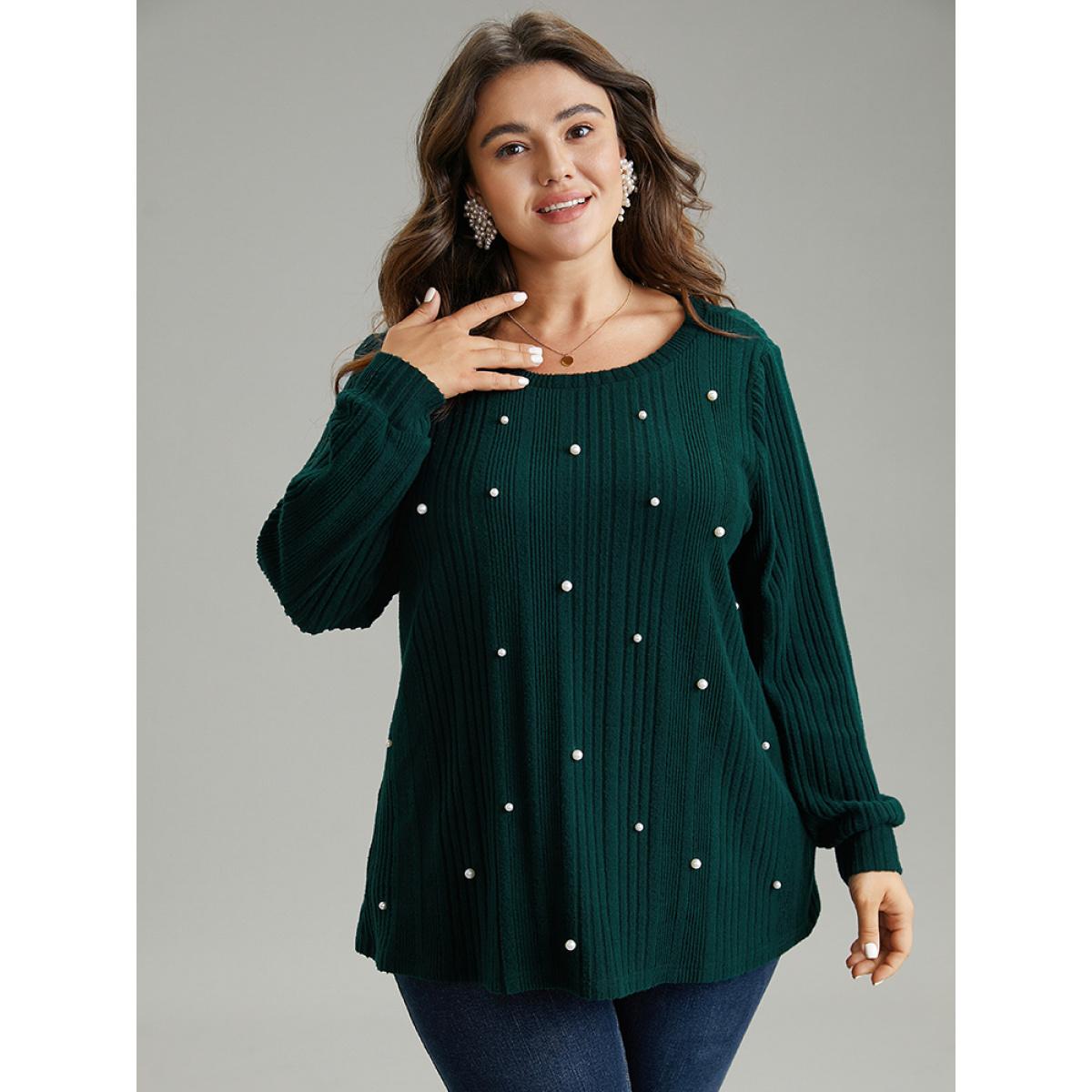 Plus Size Plain Rib Knit Pearl Beaded Sweatshirt Women DarkGreen Elegant Texture Round Neck Dailywear Sweatshirts BloomChic 12/L Product Image