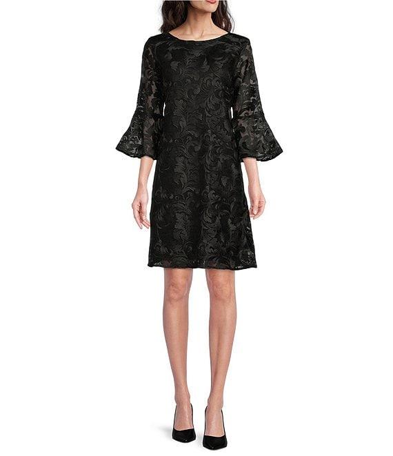 Caroline Rose Bella Soiree Embroidered Mesh Lace 3/4 Bell Sleeve Shift Dress Product Image
