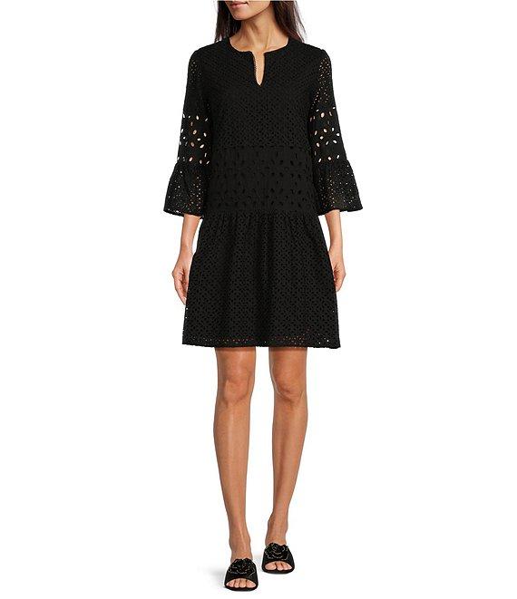 tyler boe Ingrid Eyelet Crew Neck Split V 3/4 Bell Sleeve Tiered Dress Product Image