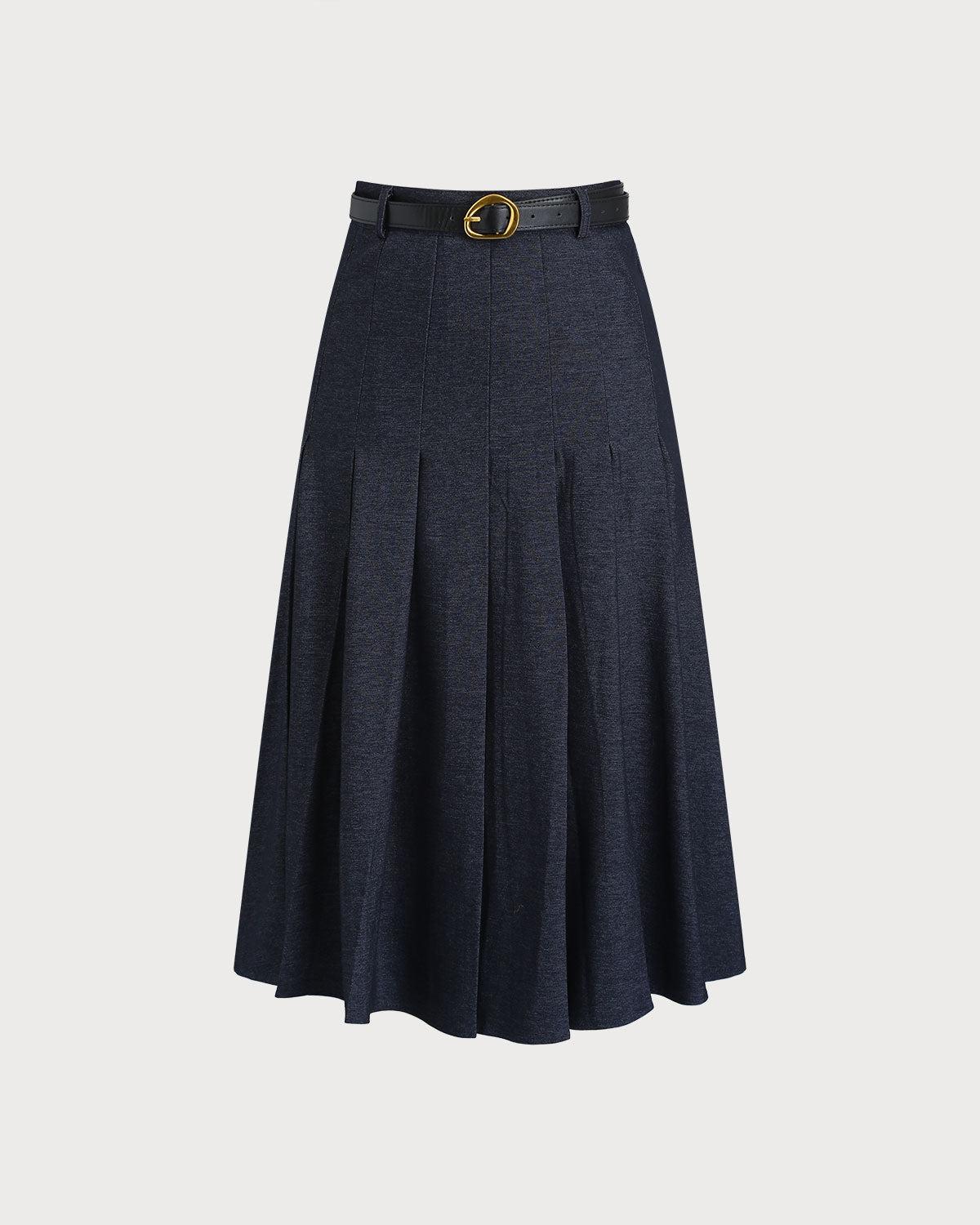 Blue Pleated Belted Midi Skirt Product Image