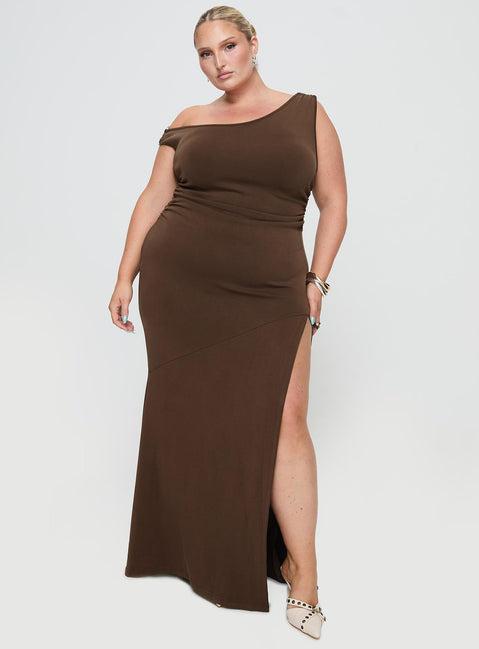 Rios One Shoulder Maxi Dress Brown Curve Product Image