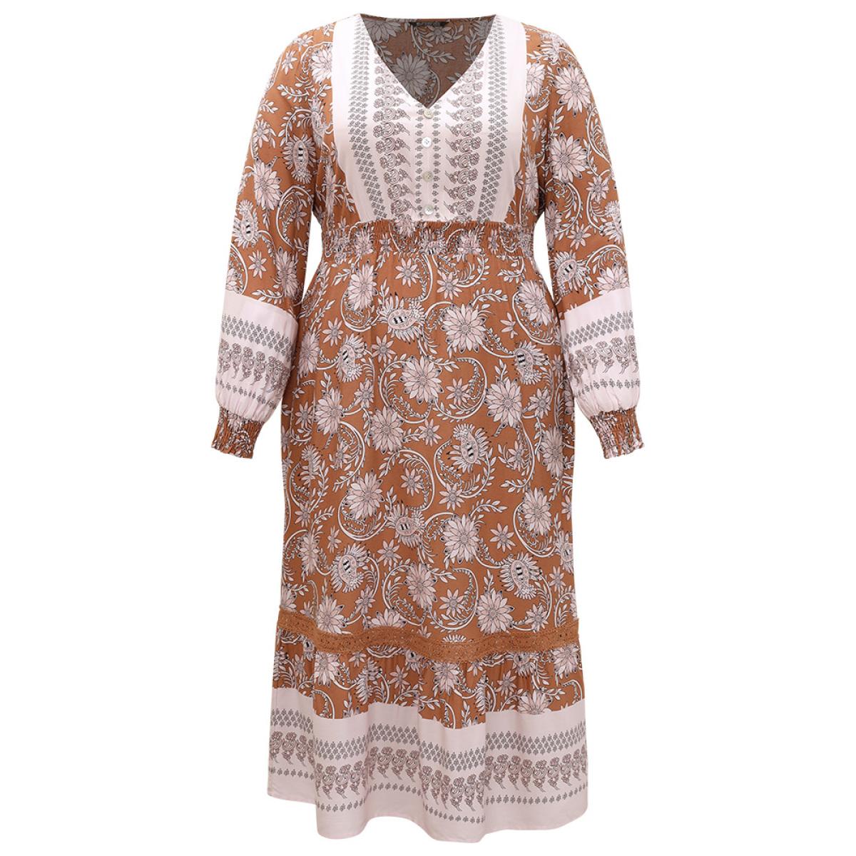 Plus Size Bandana Print Shirred Button Detail Dress Chocolate Women Resort Elastic cuffs V-neck Long Sleeve Curvy Midi Dress BloomChic 28/5X Product Image