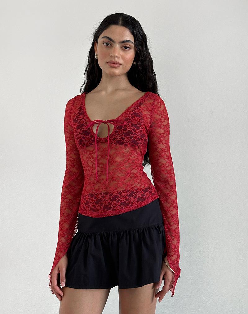 Natasha Tie Front Top in Mari Lace Red Female Product Image