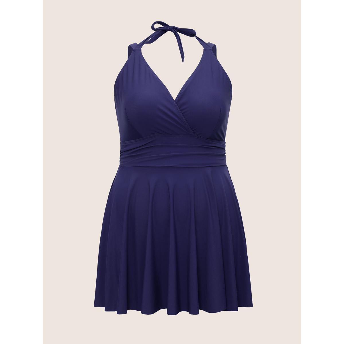 Plus Size Solid Ruffle Hem Empire Waist Halter Neck Swim Dress Women's Swimwear Indigo Resort Bodycon Halter neck High stretch Curve Swim Dresses BloomChic 18-20/2X Product Image