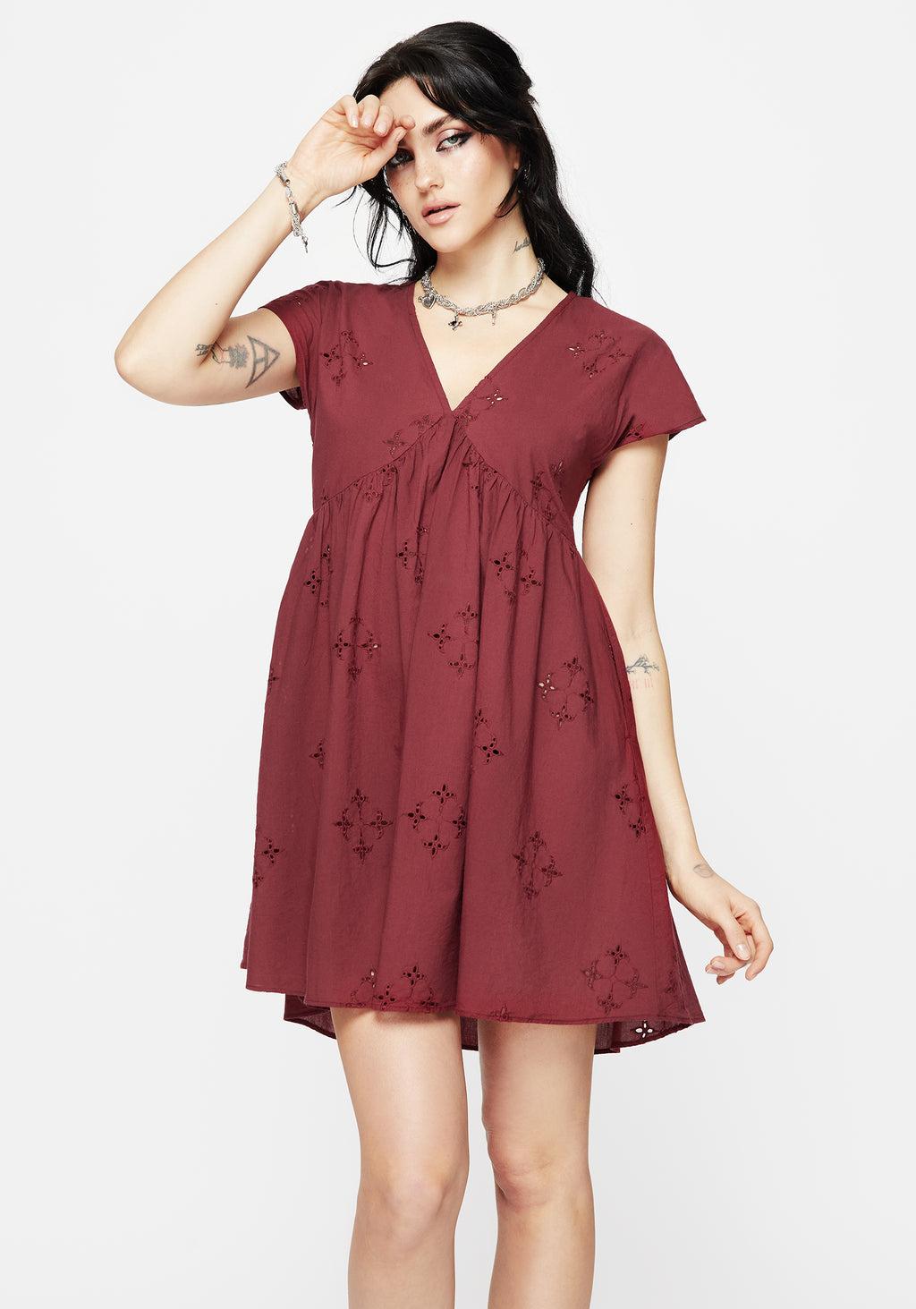 Crux Broderie Cotton Smock Mini Dress - Red Product Image