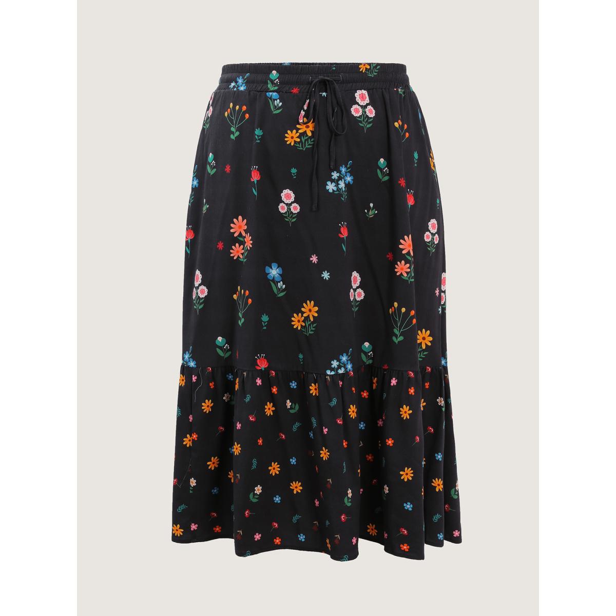 Plus Size Colorful Floral Print Drawstring Midi Skirt Women BlackFlower Playful Tiered No stretch Side seam pocket Casual Skirts BloomChic 30/6X Product Image