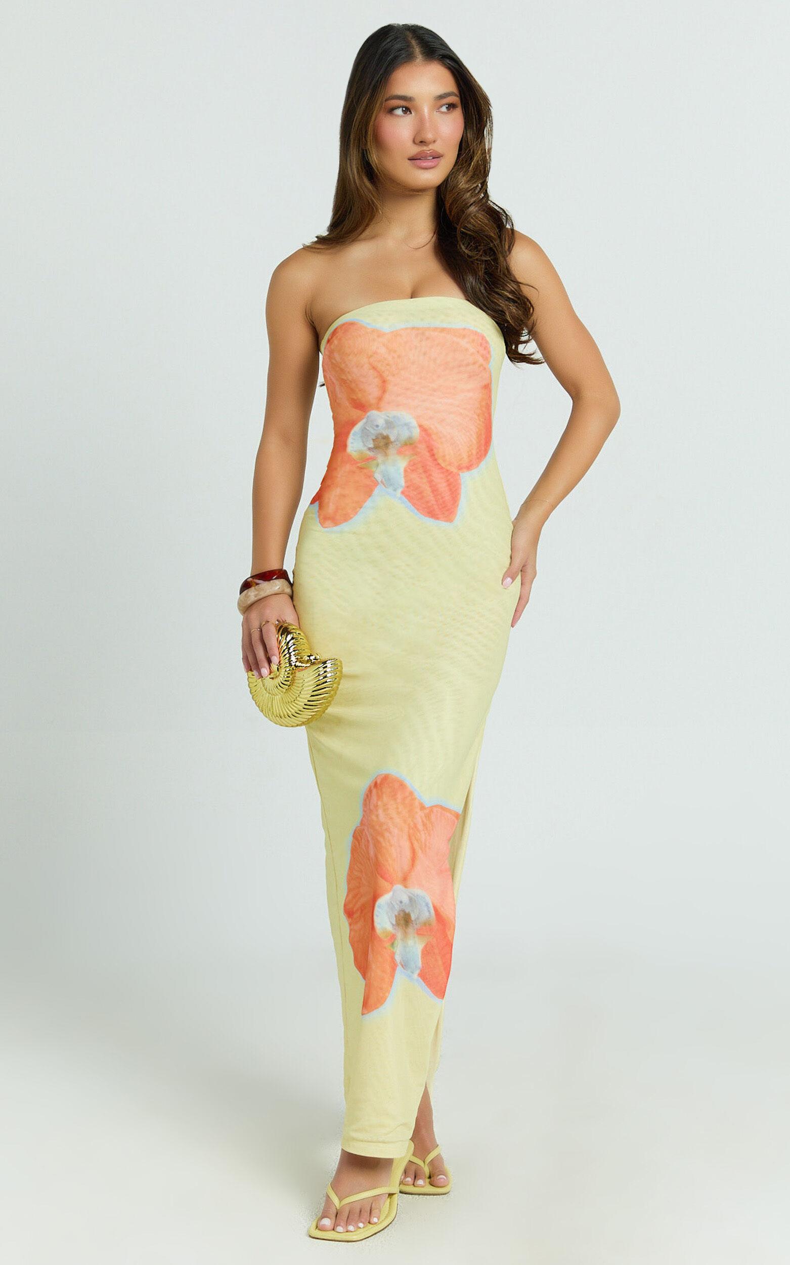 Aretta Maxi Dress - Strapless Fitted Placement Mesh Print Dress in Orchid Print Product Image
