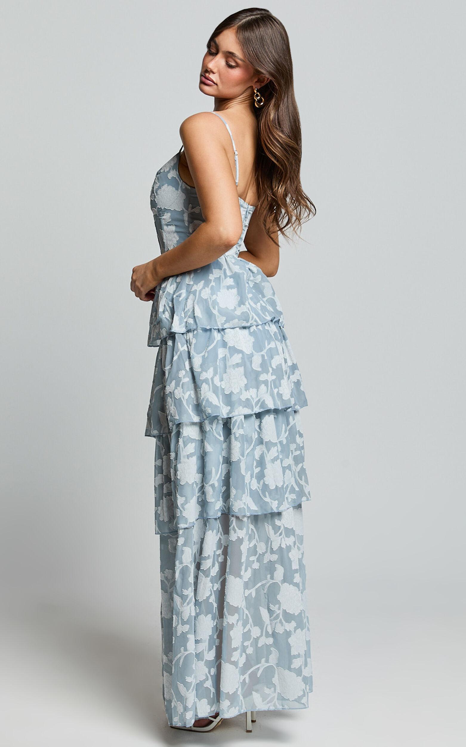 Janezkie Maxi Dress - Femme Tiered Jacquard Formal Dress in Light Blue Product Image