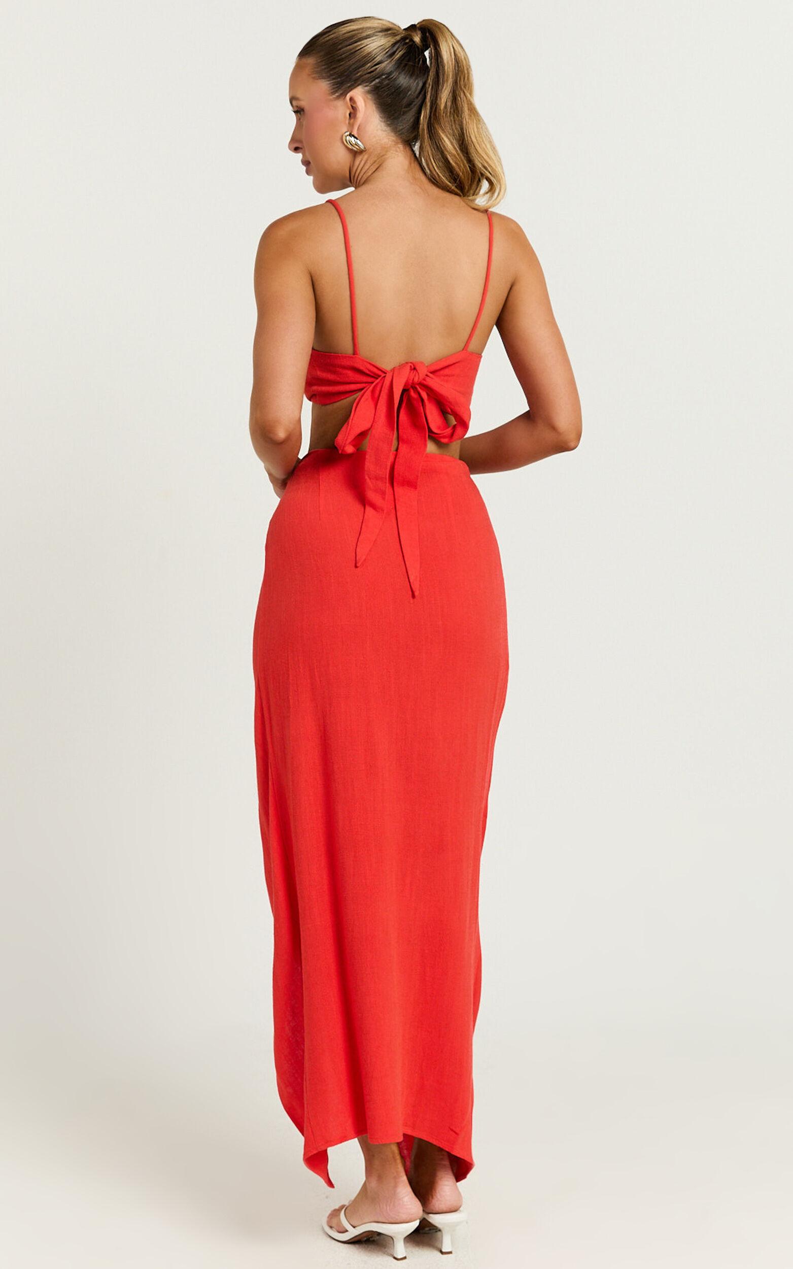 Jovi Two Piece Set - Linen Knot Detail Tie Back Top and Draped Skirt in Red Orange Product Image