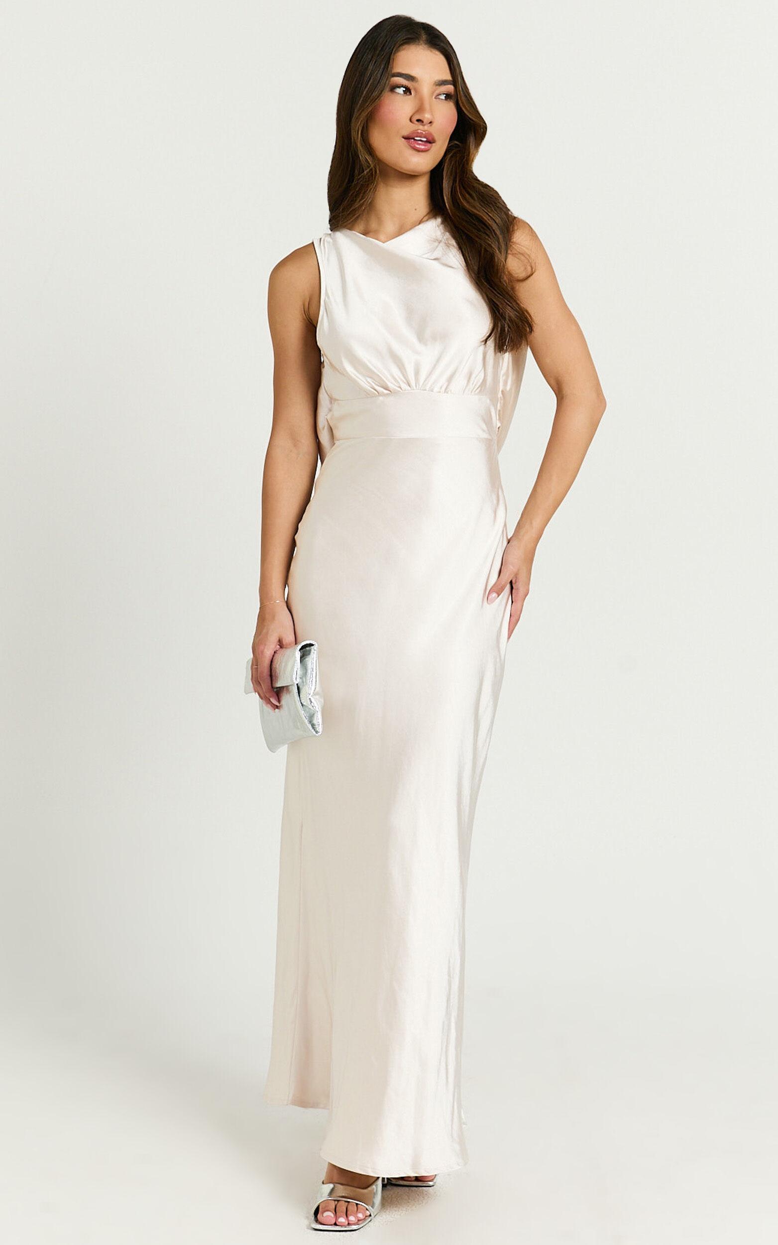 Fheliz Midi Dress - Satin Open Back Dress in Oyster Product Image