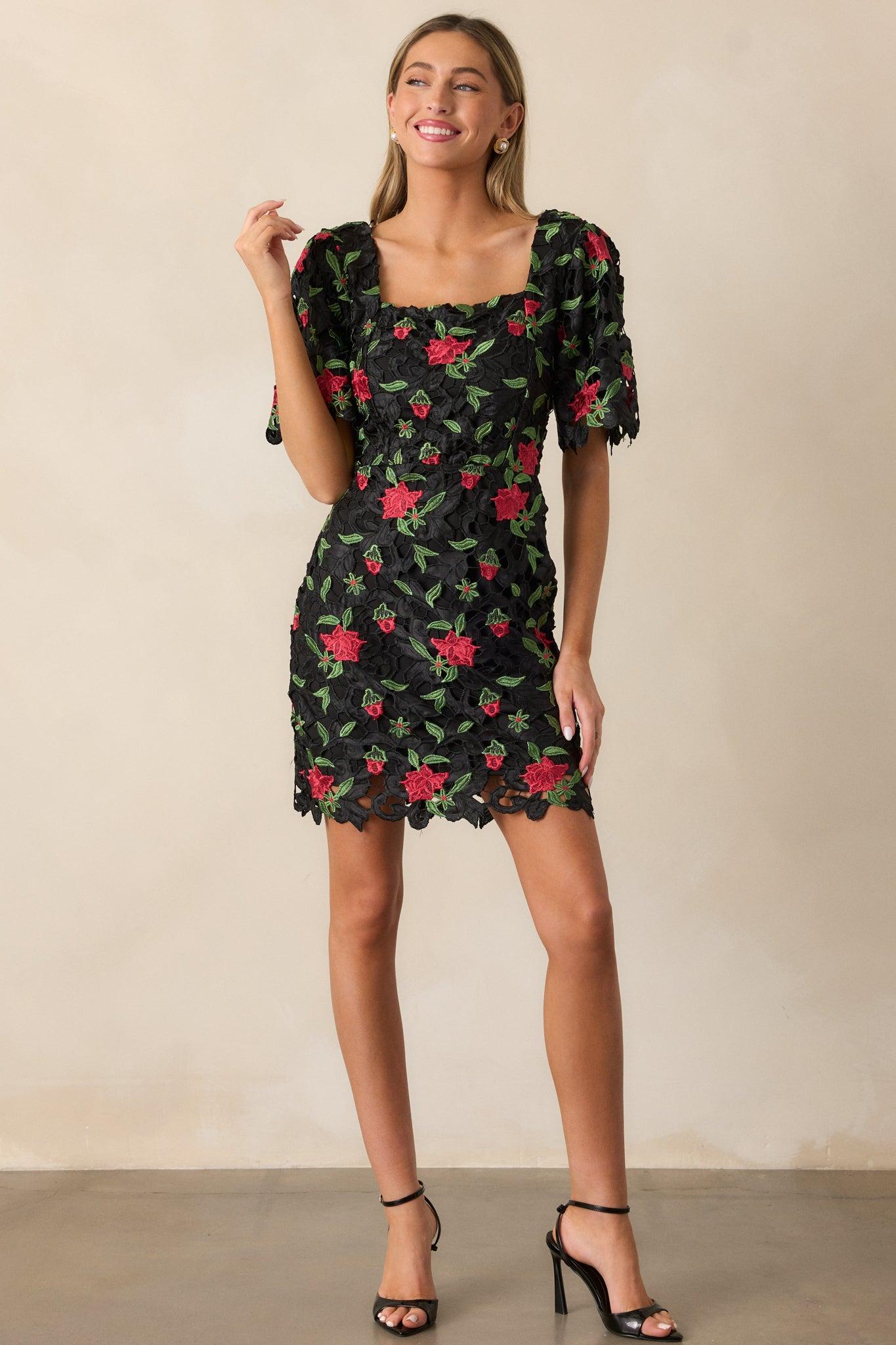 Rosebud Dreams Black Lace Embroidered Mini Dress Product Image