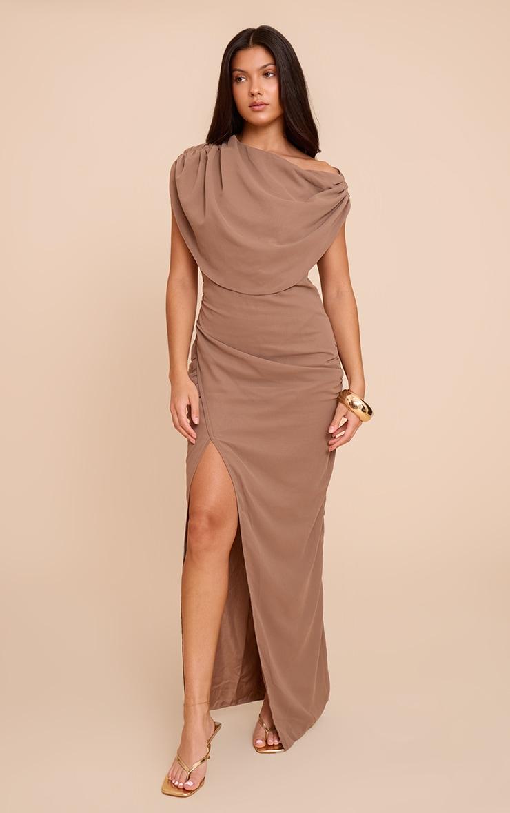Deep Taupe Chiffon Cowl Neck Maxi Dress Product Image