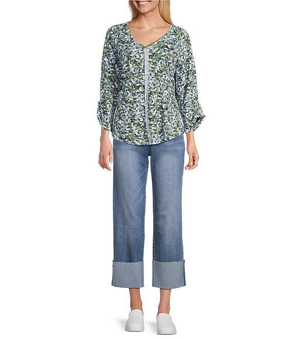 Westbound Petite Size Knit Beryl Green Marker Garden 3/4 Bell Sleeve V-Neck Top Product Image