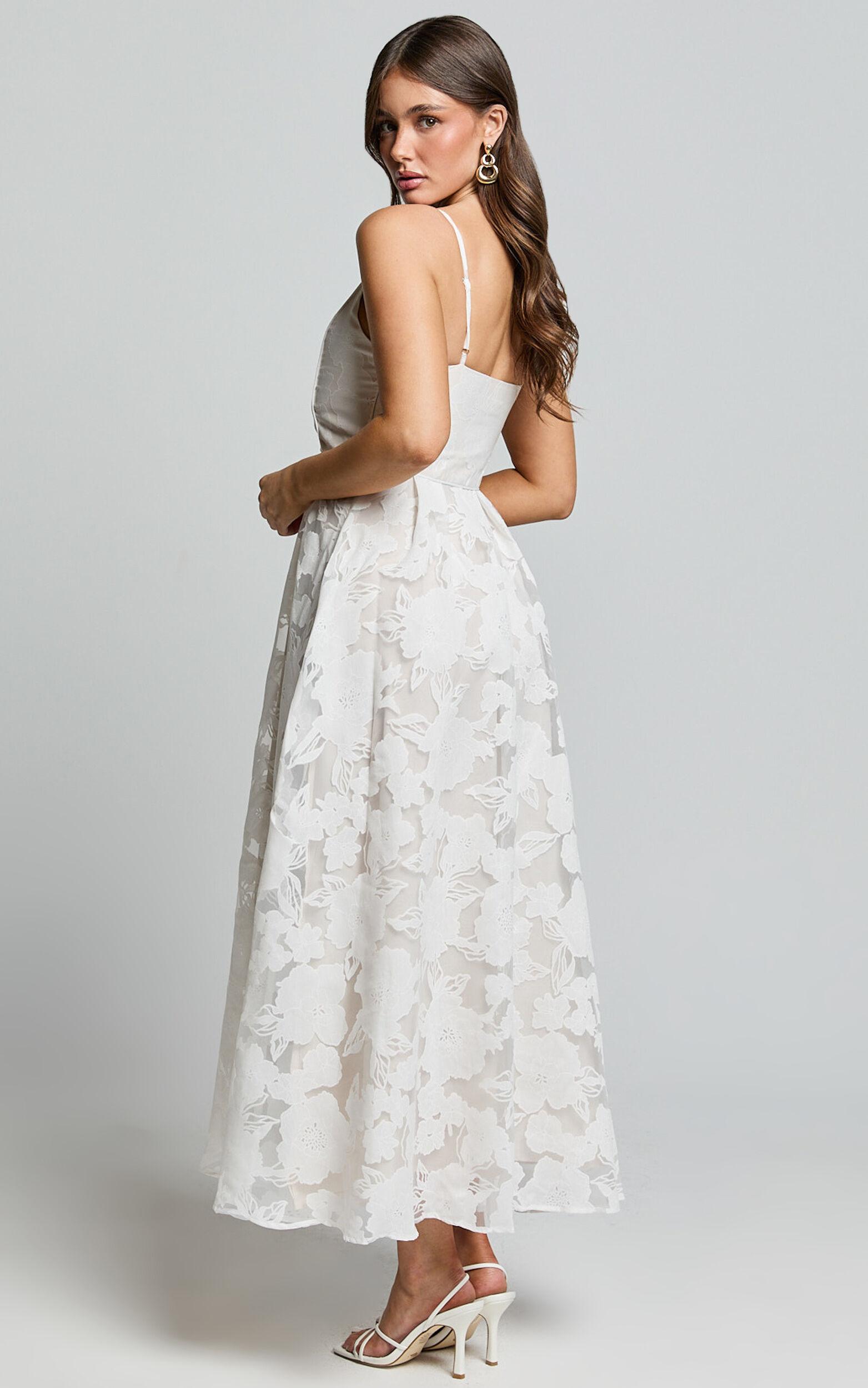 Philine Midi Dress - Jacquard Plunge Fit and Flare Dress in White Product Image