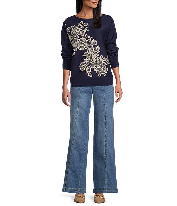 Nurture by Westbound Petite Size Floral Pattern Crew Neck Pullover Sweater Product Image