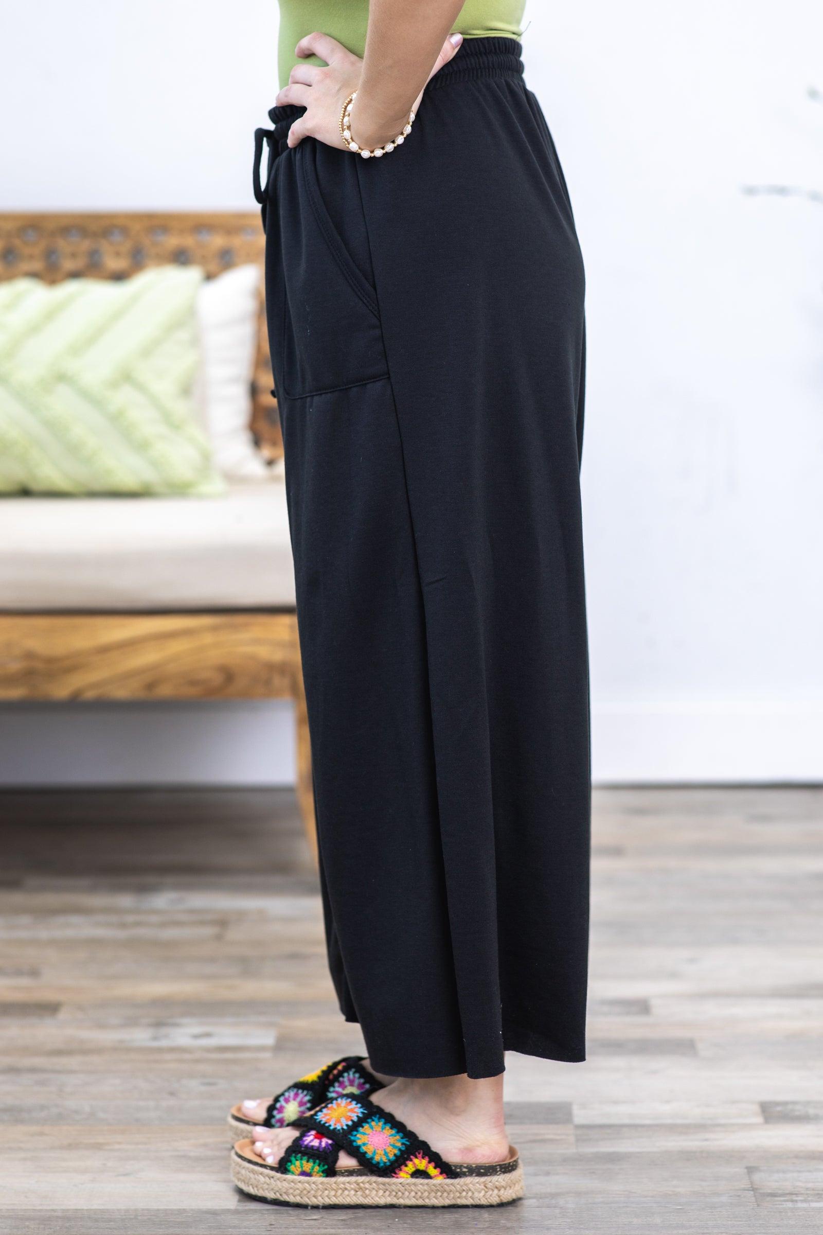 Black Tie-Wide Waist Banded Crop Pants Product Image