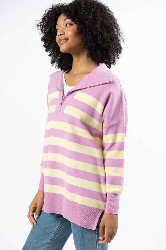 Pulling Heartstrings Purple And Yellow Striped Quarter Zip Pullover FINAL SALE Product Image