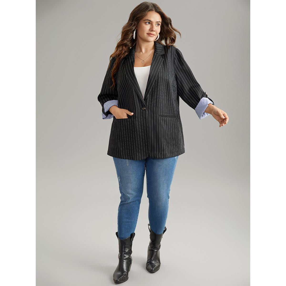 Plus Size Suit Collar Striped Contrast Blazer Black Women Dailywear Striped Contrast Sleeve Long Sleeve Suit Collar 10/M Pocket Casual Blazers BloomChic Product Image
