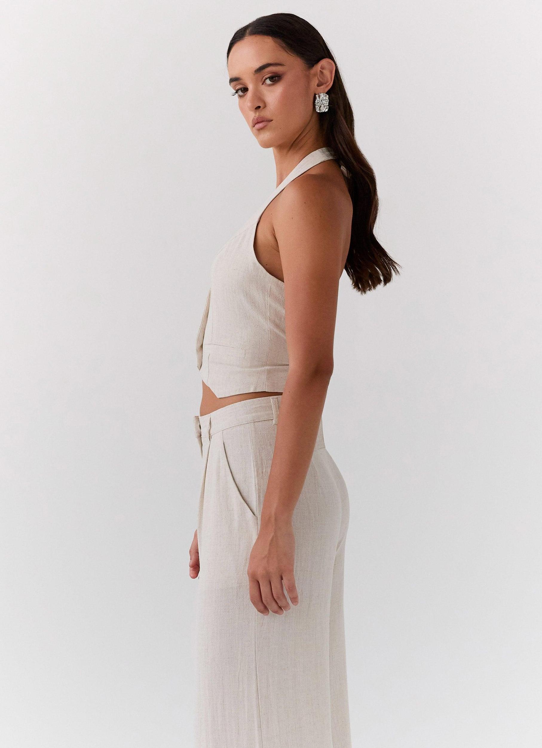 Ambrosa Halterneck Linen Vest - Oatmeal Product Image