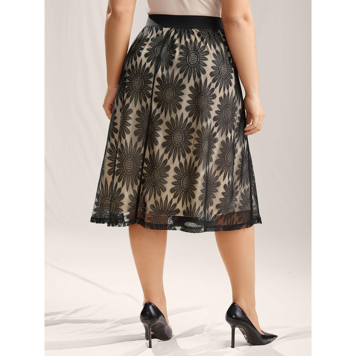 Plus Size Geometric Print Lace Midi Skirt Women Black Elegant See through Bodycon Low stretch Slanted pocket Everyday-Elegant Skirts BloomChic 14-16/1X Product Image