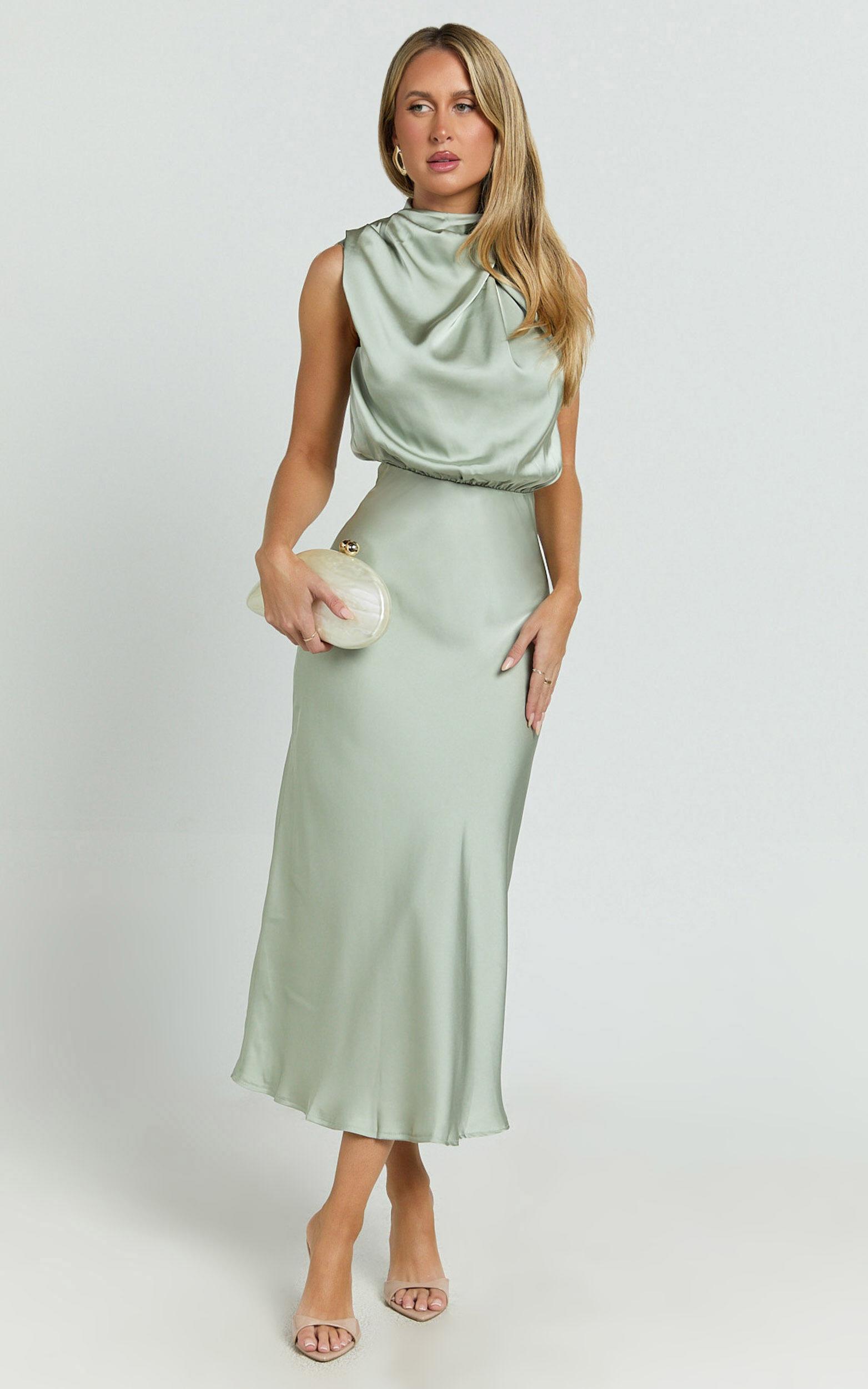 Minnie Midi Dress - Drape Neck Satin Slip Dress in Sage Product Image