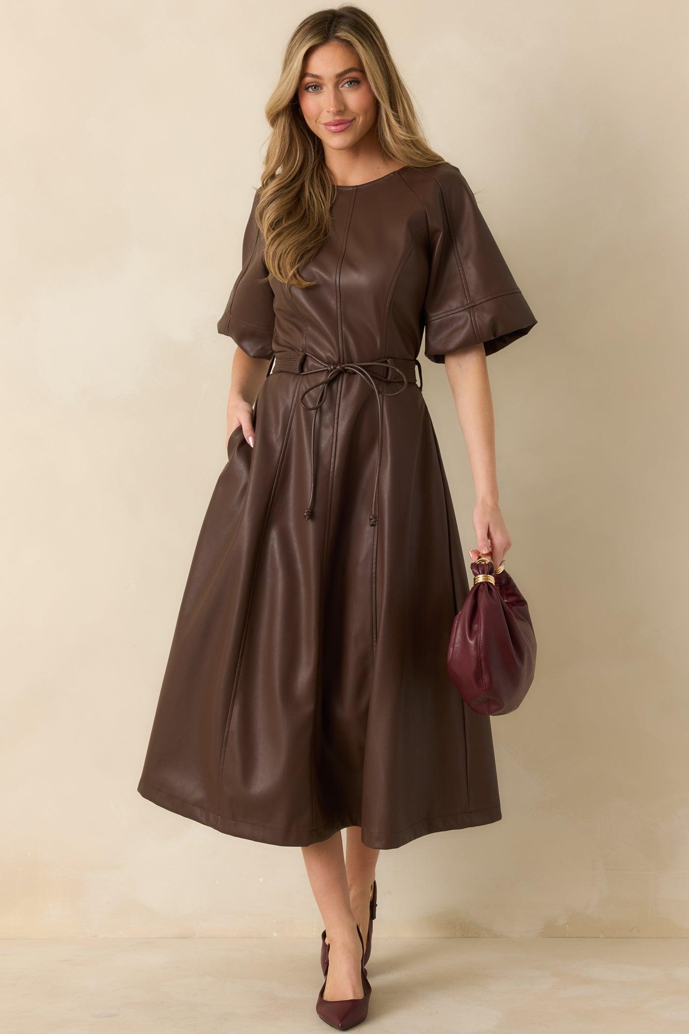 Something to Behold Brown Faux Leather Short Sleeve Belted Midi Dress Product Image