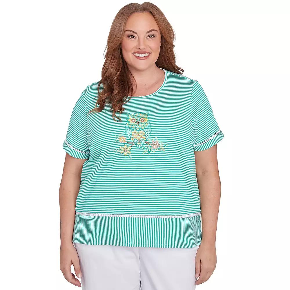 Plus Size Alfred Dunner Owl Knit Striped Tee, Women's, Size: 3XL, Green Product Image