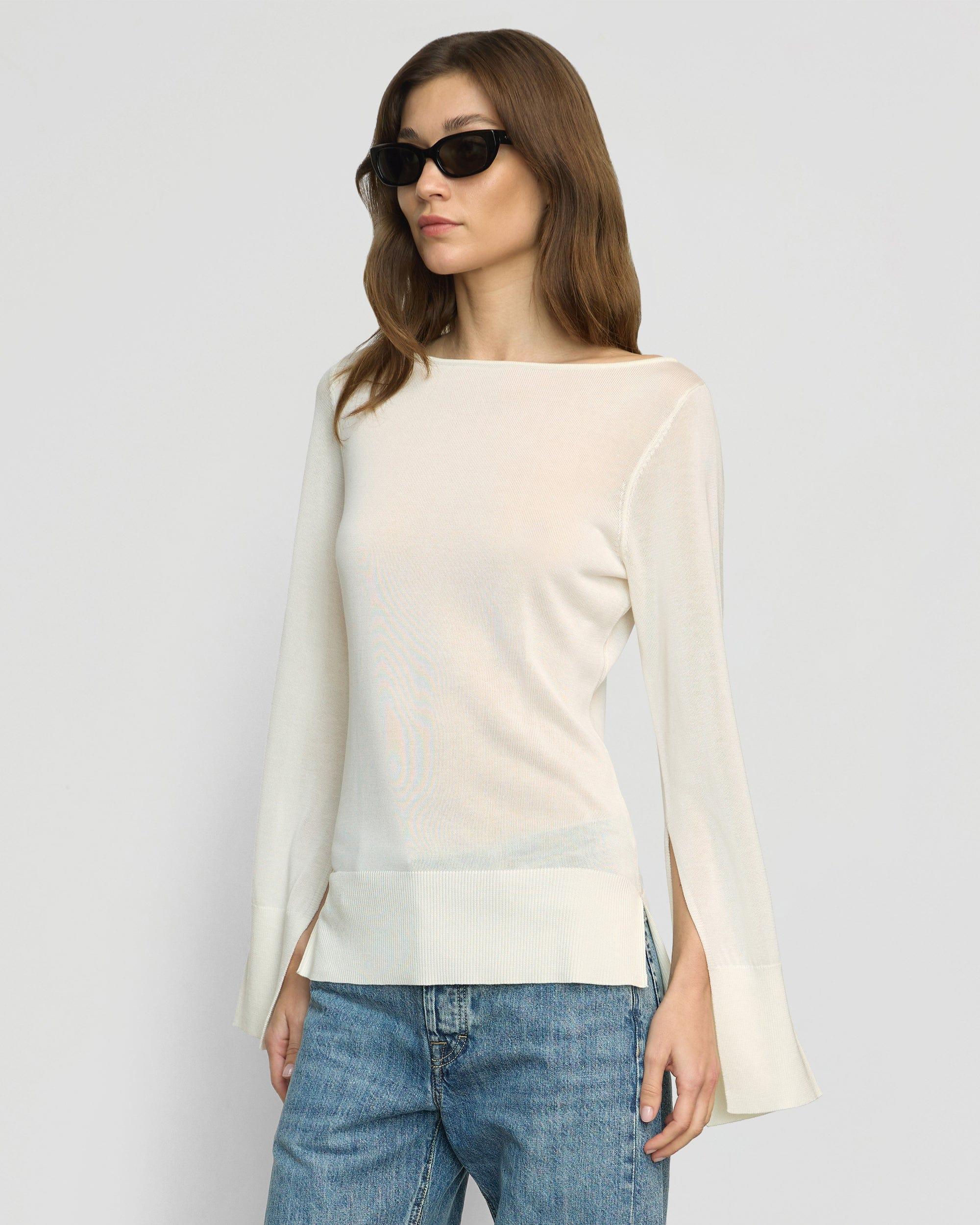 Keegan Semi-Sheer Slit-Neck Knit Top Product Image